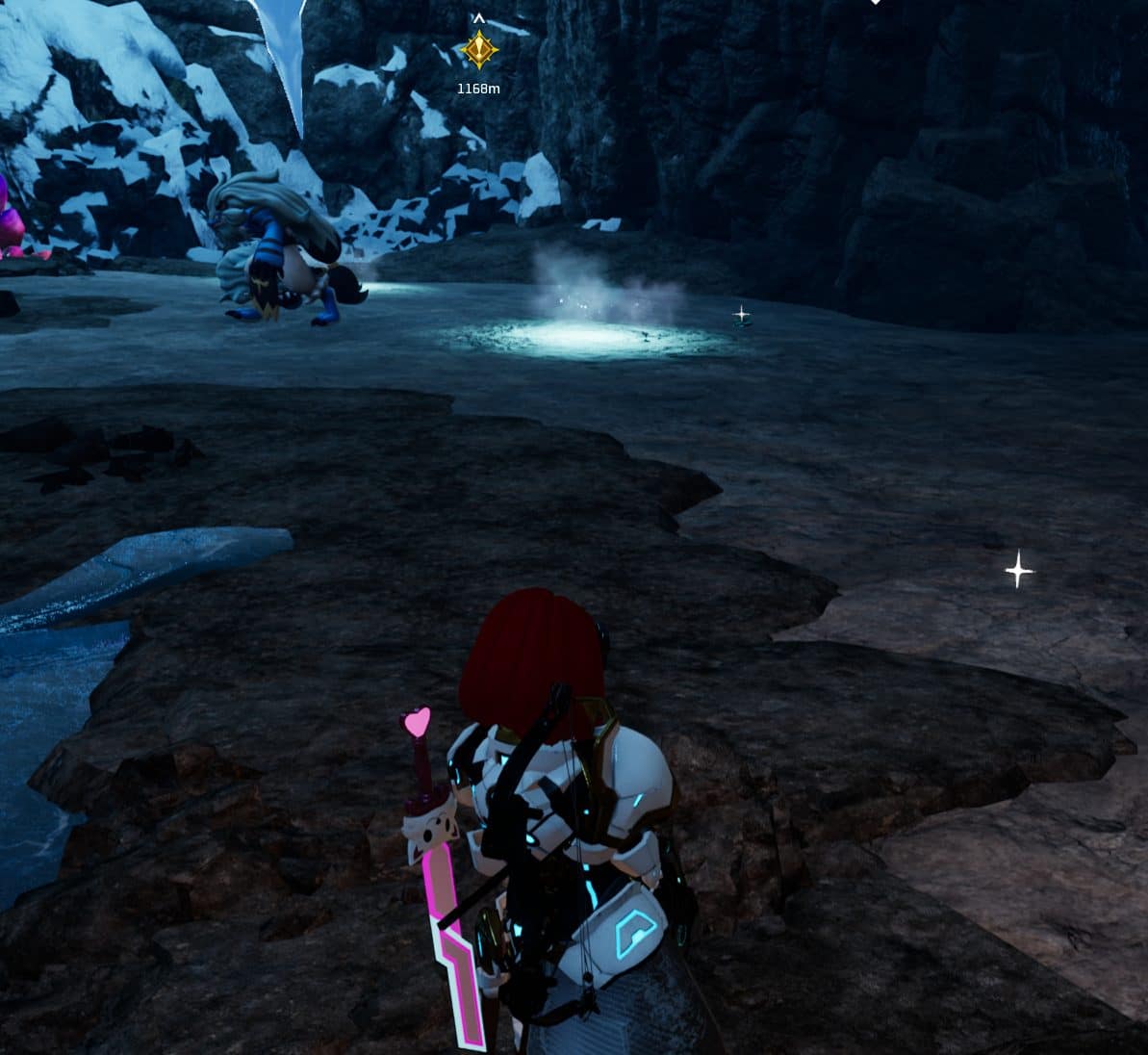 Ice shards falling and hitting the ground, spawning a glowing spot in the cave