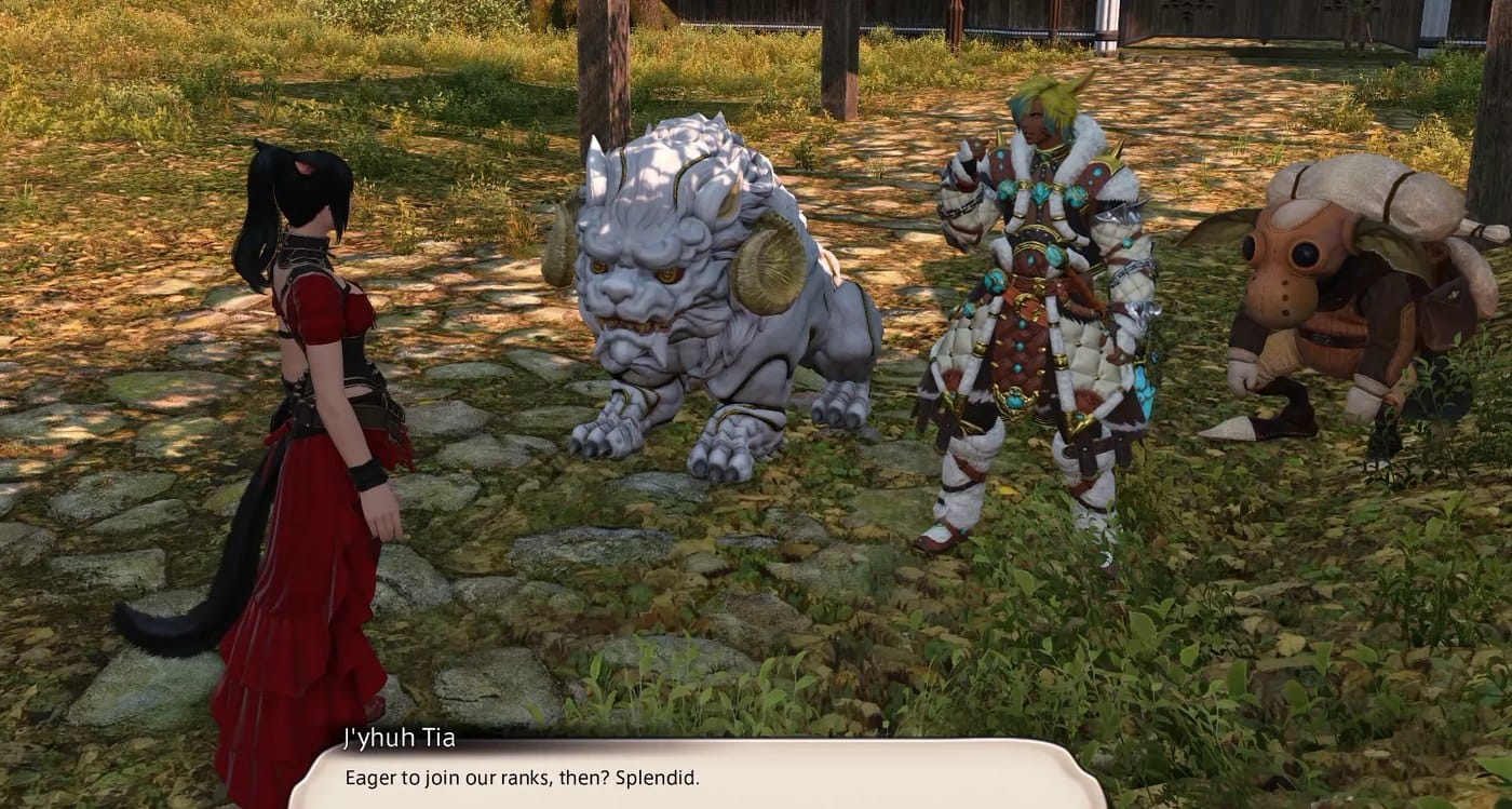 J'yhuh Tia and the Cu Sith at the end of the Strangers in the Wood quest in FFXIV