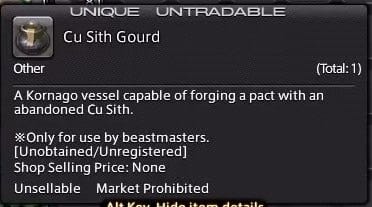 The Cu Sith Gourd item tooltip in FFXIV, used to forge a pact with the Cu Sith