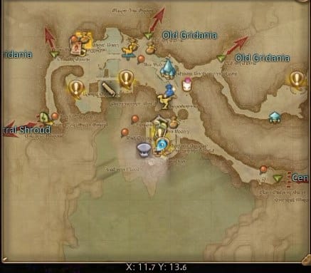 Map of New Gridania showing the Beastmaster unlock quest location at X 11.8 Y 13.6