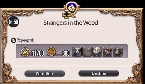 The Strangers in the Wood completion window showing 11,700 EXP, 883 gil and five item rewards