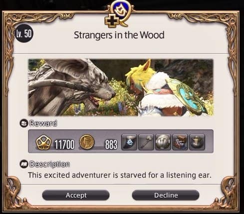 The Strangers in the Wood quest window, the unlock quest for Beastmaster in FFXIV