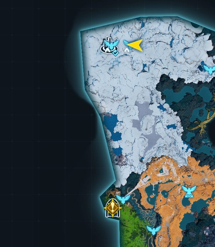 Map showing the World Tree cave entrance between the two teleport points in the northern ice region