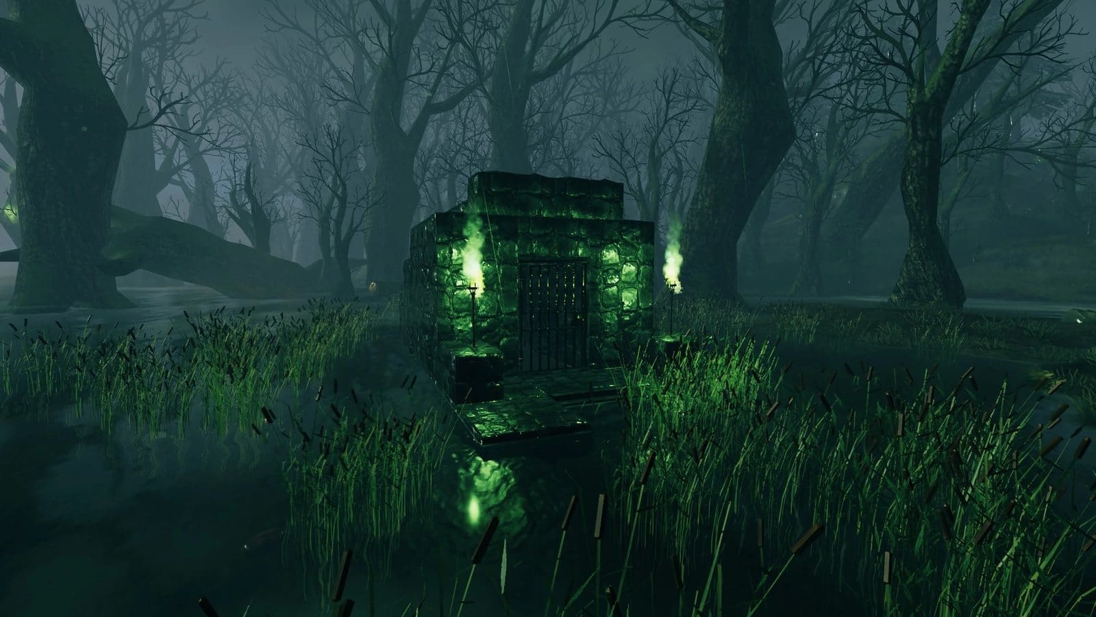 A sunken crypt in the swamp. All the iron in the game starts behind doors like this one.